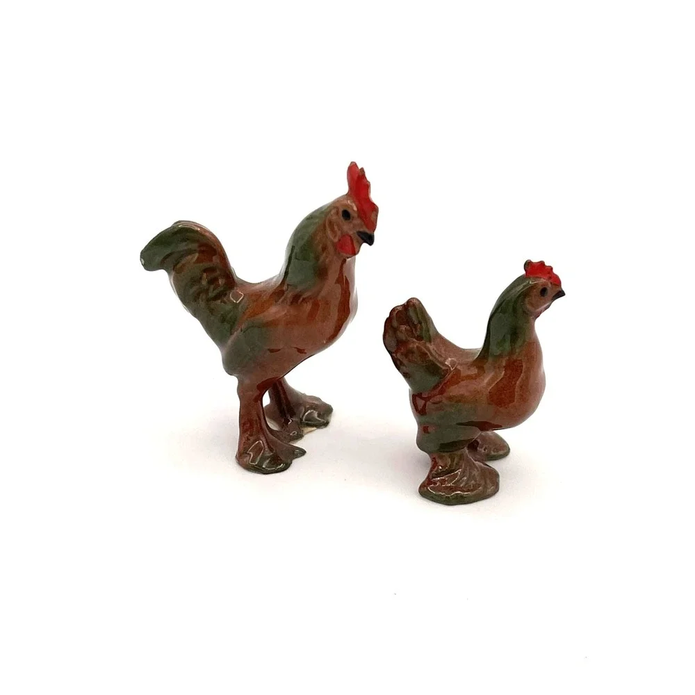 Rooster Hen Chicken Figurine Set Ceramic Miniature Farm Birds Pair